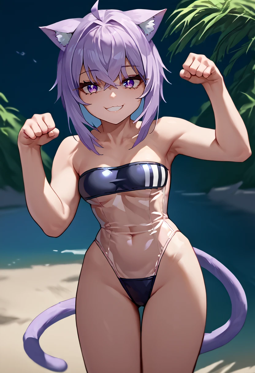 score_9, score_8_up, score_7_up, source_anime, solo, 1girl, okayu, smile, looking at viewer, standing, paw pose, ahoge, cat tail, gris swimsuit, see-through swimsuit, medium breasts, day, outdoors, beach <lora:attire_grisswimsuit_ponyXL:1> <lora:okayuXL:1>