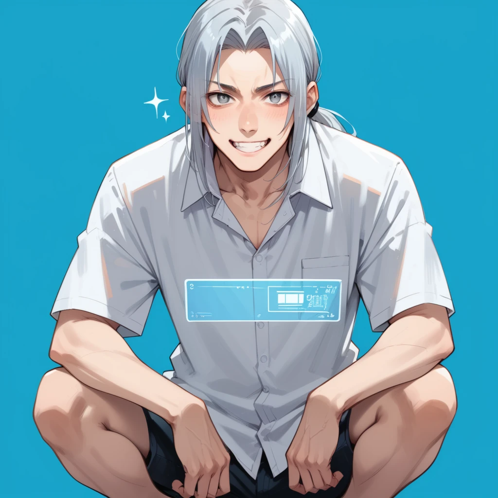 shin natsume, tenjo tenge, ah1, 1boy, long hair, gray hair, parted bangs, score_9, score_8_up, score_7_up, score_6_up, source_anime, white shirt, simple background, <lora:Shin_Natsume_from_Tenjo_Tenge:0.5>, (Crouched low in a chillingly unnatural position, exuding dread), (Futuristic hotel with smart rooms and interactive holographic concierge), grey eyes, smiling, happy, ponytail,