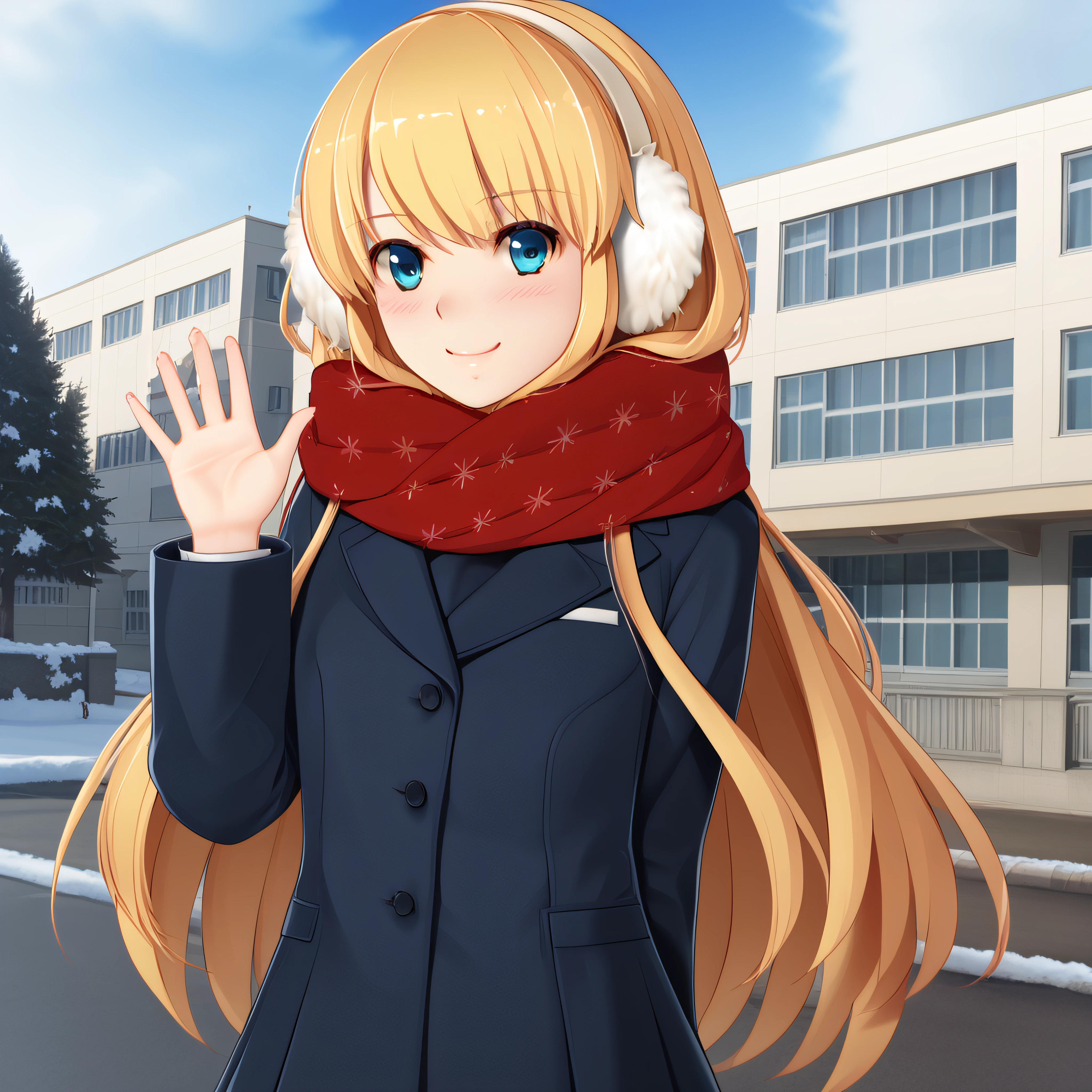 masterpiece, best quality, high quality, highly detailed, 4k, cinematic, highres, long hair, blonde hair, blue eyes, ms uniform, white earmuffs, snowy red scarf, msbethly, smile, slight blush, snowy background, school in background, 1girl, solo, waving at viewer