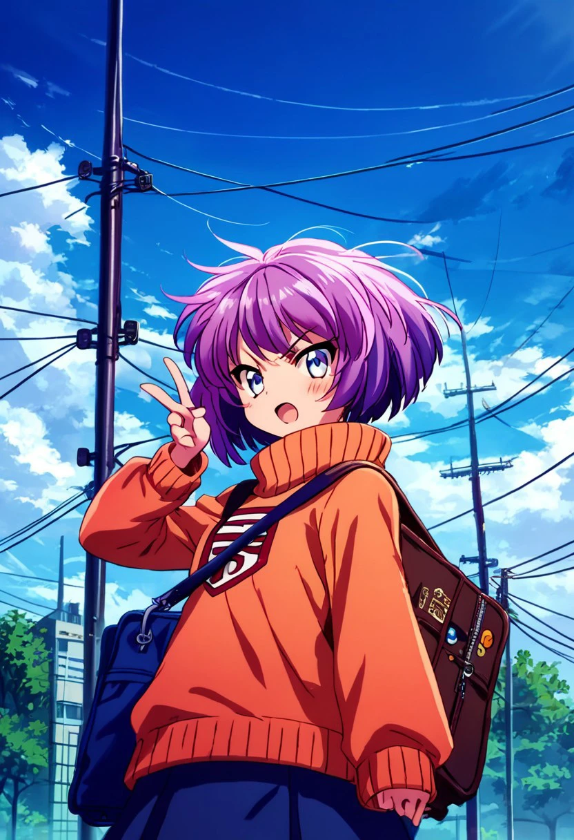 score_9, score_8_up, score_7_up, source_anime, rating_safe, masterpiece, nichijou_style, solo, 1girl, white eyes, purple hair, bob cut, big hair, looking at viewer, sky, cloud, open mouth, day, outdoors, power lines, blush, bag, blue sky, sweater, school uniform, v-shaped eyebrows