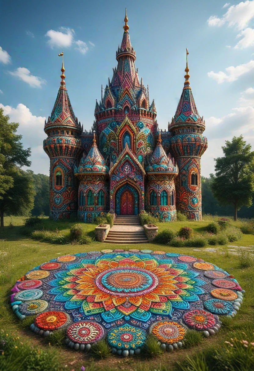 M4ND4L4S, castle made of colorful mandalas, located in a meadow, ,Masterpiece,best quality, photo, realistic, very aesthetic