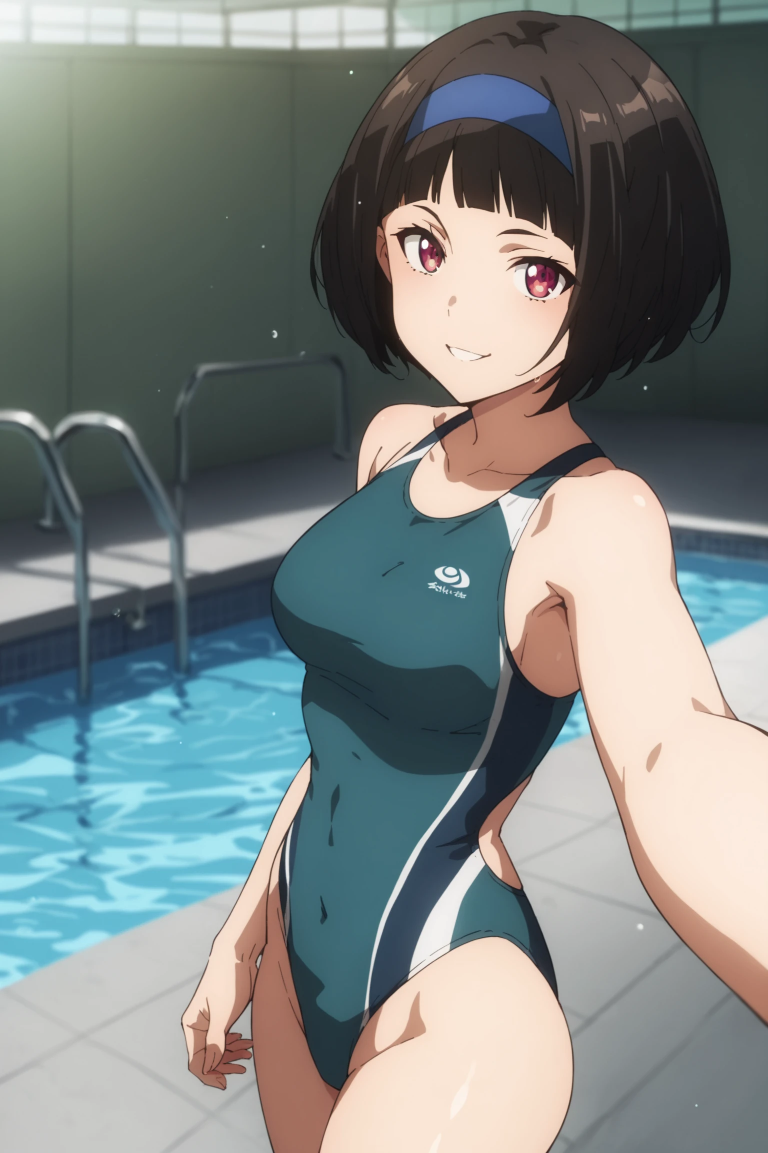 score_9, score_8_up, score_7_up, score_6_up, score_5_up, source_anime, rating_safe, medium breasts, indoors, swimming pool, 1girl, solo, looking at viewer, kazuki ferrari, short hair, black hair, bob cut, blue hairband, green competition swimsuit, <lora:Kazuki_Ferrari:0.8>, smile, selfie