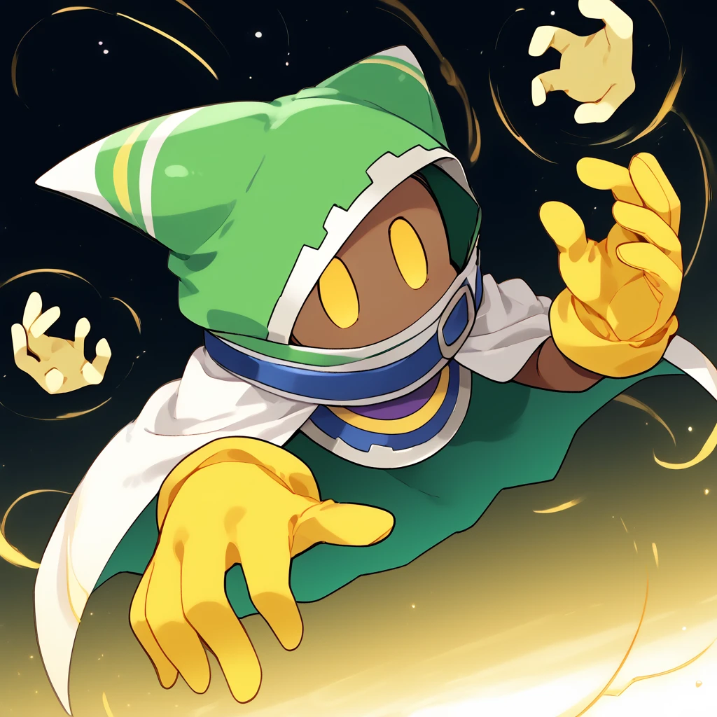 <lora:Magolor:1.29> solo, 1other,  cape, dark skin, hood, yellow eyes,  solid oval eyes, green clothes, floating limbs, yellow gloves