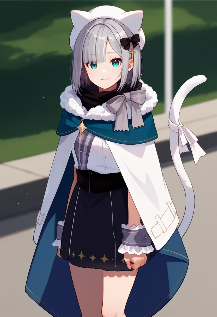 score_9, score_8_up, score_7_up, source_anime, solo, 1girl, kaga1st, smile, looking at viewer, standing, short hair, grey hair, hair bow, black bow, white headwear, animal hat, fur trim, white capelet, cape, white shirt, sleeveless shirt, wrist cuffs, black skirt, cat tail, outdoors <lora:vspo_sumirekaga_ponyXL-DEFAULT:1>