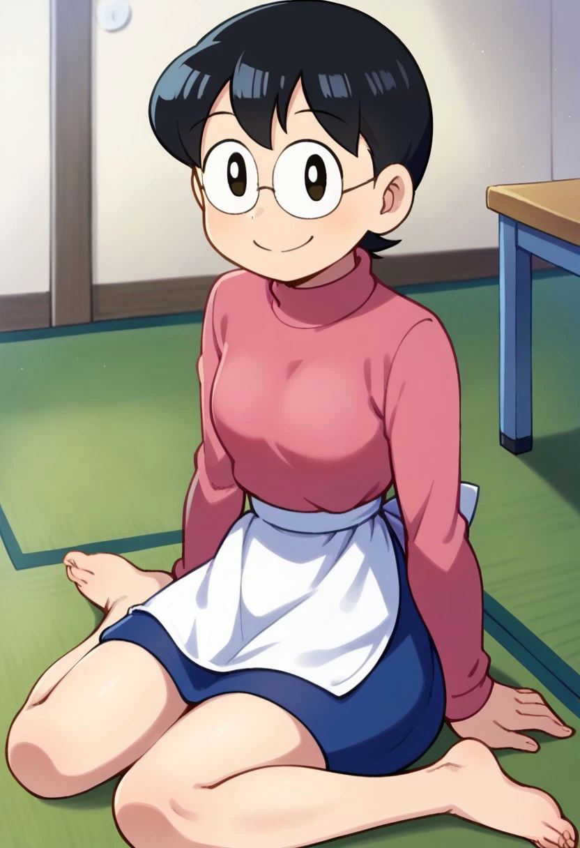 score_9, 1girl, solo, tamako nobi, black hair, glasses, pink sweater, waist apron, blue skirt, barefoot, looking at viewer, smile, sitting, arm support, on floor, indoors