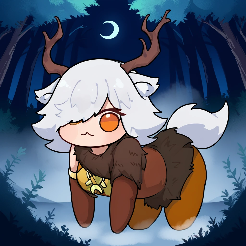 1girl,solo,<lora:tirsiak (4):1>,deer girl,antlers,white hair,animal ears,tail,hair over one eye,orange eyes,slit pupils,crescent moon necklace,fur capelet,brown shirt,yellow bikini top,fur skirt,brown legwear,detached sleeves,
forest,outdoors,bare tree,fog,<lora:Doro_X_PDXL_V1:1>,doro,creature,:3,chibi, no humans,white skin,solid circle eyes,no pupils,four legs,, score_9, score_8_up, score_7_up, perfect anatomy, source_anime, zPDXL2,