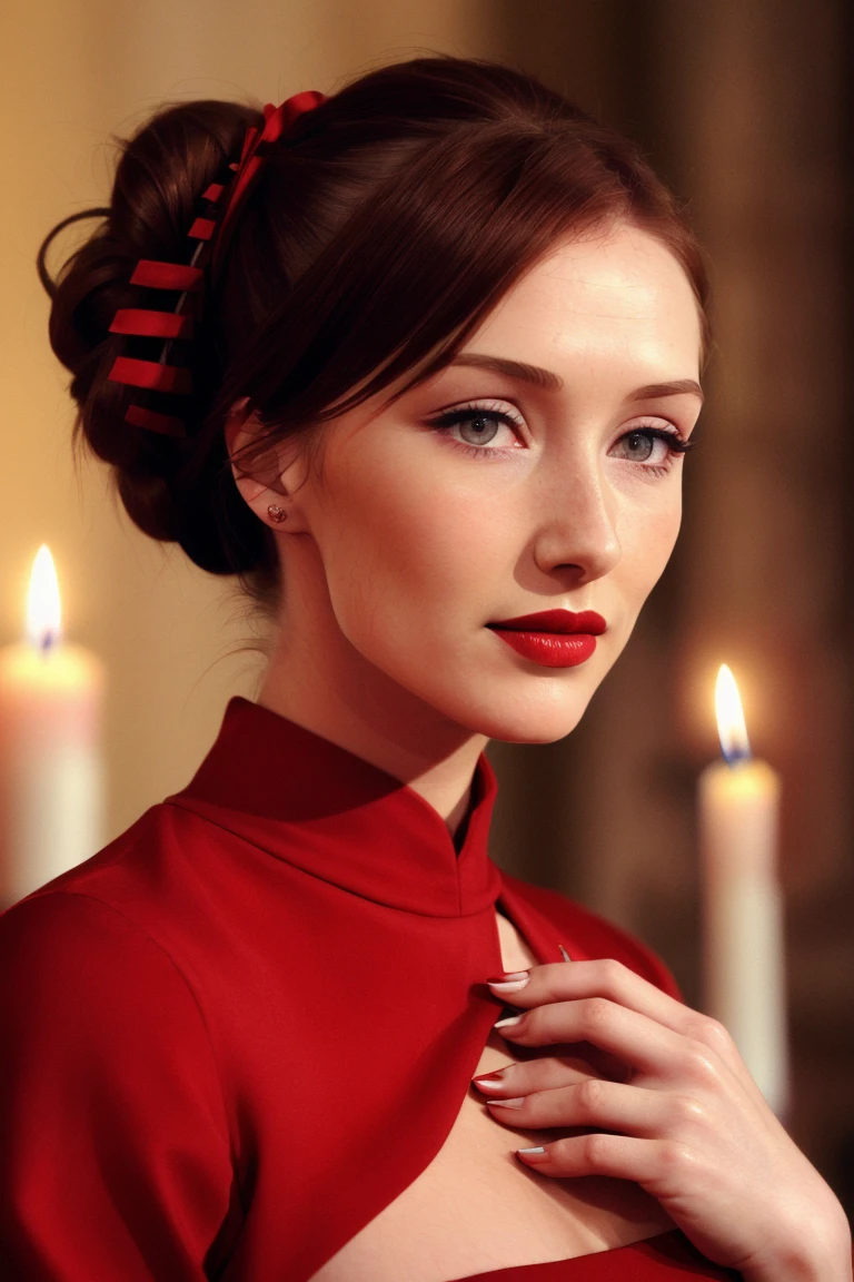 caricevanhouten, ((detailed skin, detailed face,detailed eyes, beautiful eyes)), ((red lipstick, blush, eye shadow, eyeliner, pale skin)), photo of a woman, ((fancy updo, hair up, hair in bun, dark red hair, eyeliner, eye shadow, fancy red dress, medieval castle, candles))