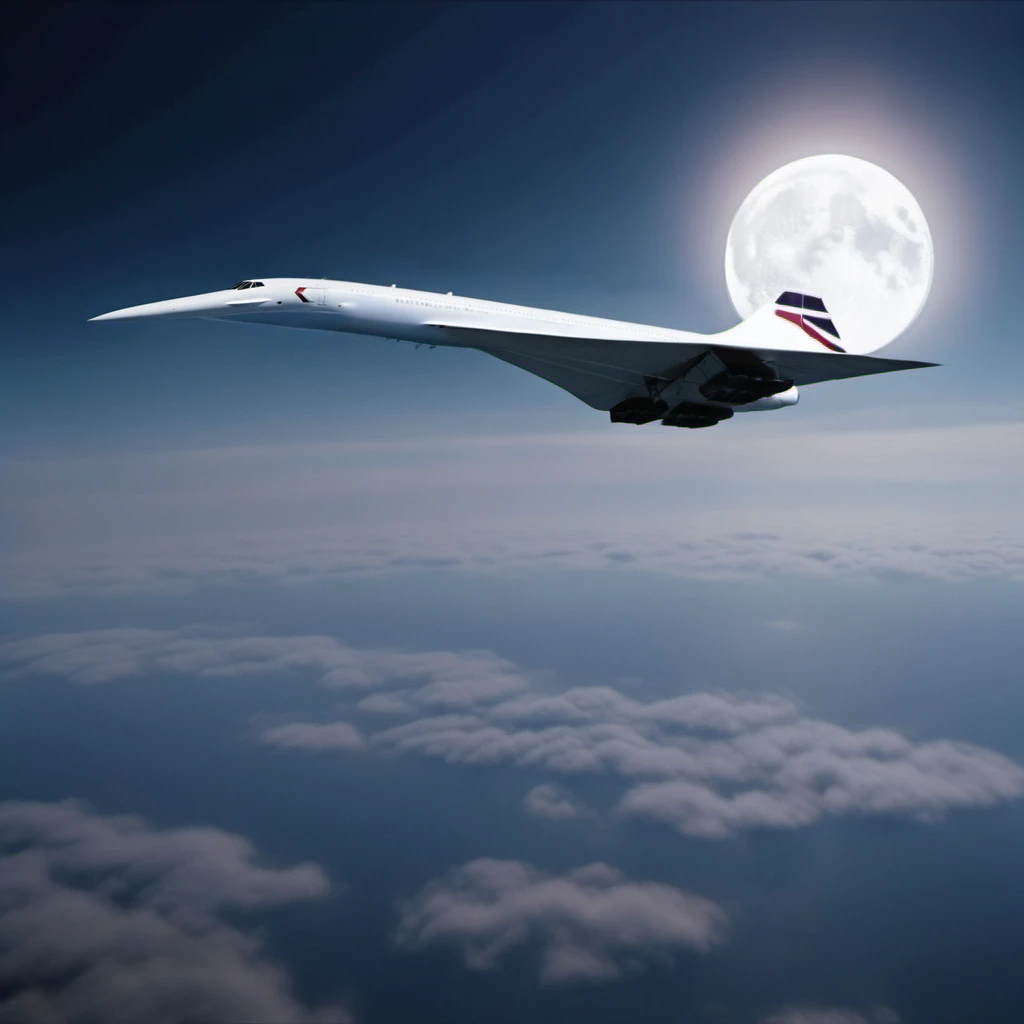 cinematic photo concorde aircraft in space, flying near the moon   <lora:Concorde1024:0.8> . 35mm photograph, film, bokeh, professional, 4k, highly detailed