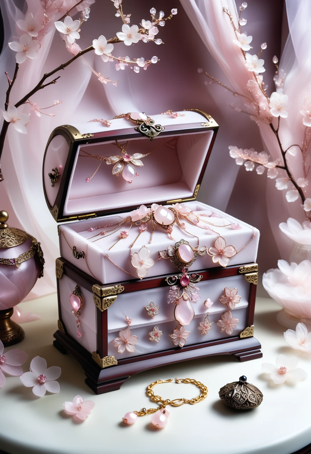 A treasure chest filled with jewelry and cherry blossoms, in a display case made out of reij-rsrgnz <lora:RoseOrganza-000006:1>, surrounded by fairy dust