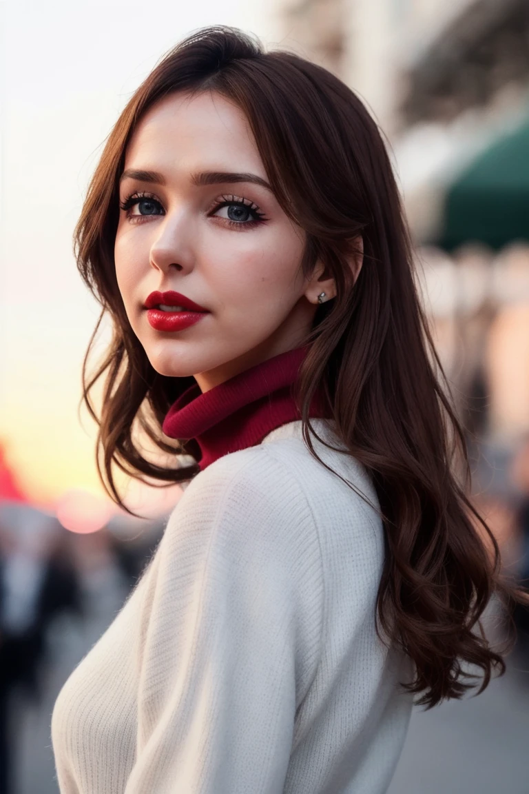 stefjo, ((detailed skin, detailed face):1.2), ((detailed eyes, beautiful eyes):1.2), ((red lipstick, eyeliner, eye shadow, blush)), , photo of a woman, ,beautiful picture, fully clothed, turtleneck sweater, skirt, thighhighs, outside, carnival, festival, sunset, detailed, epic, closeup ,