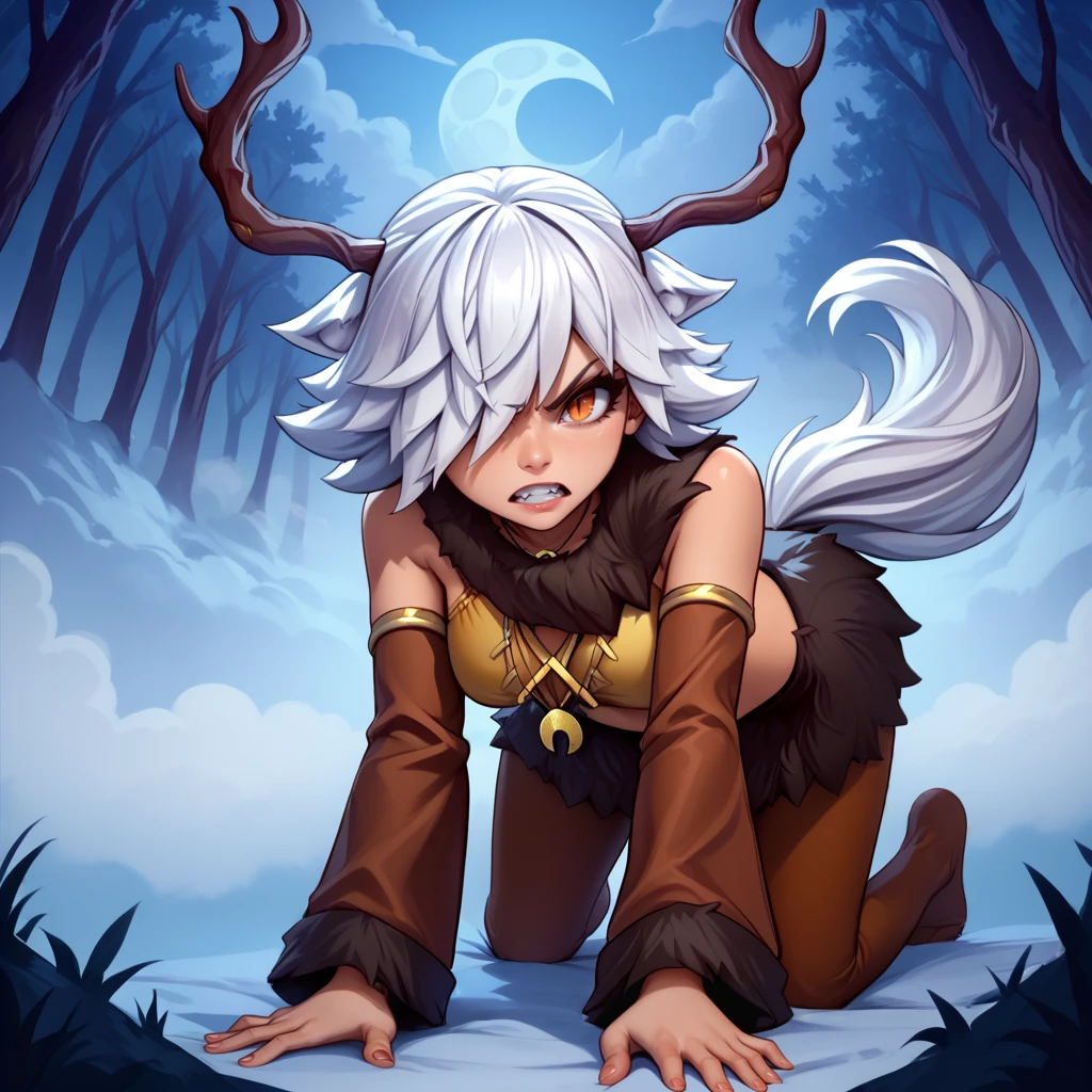 1girl,solo,<lora:tirsiak (4):1>,deer girl,antlers,white hair,animal ears,tail,hair over one eye,orange eyes,slit pupils,crescent moon necklace,fur capelet,brown shirt,yellow bikini top,fur skirt,brown legwear,detached sleeves,
forest,outdoors,bare tree,fog,
looking at viewer,angry,all fours,growling,tail raised,sharp teeth, open mouth, clenched teeth,, score_9, score_8_up, score_7_up, perfect anatomy, source_anime, zPDXL2,