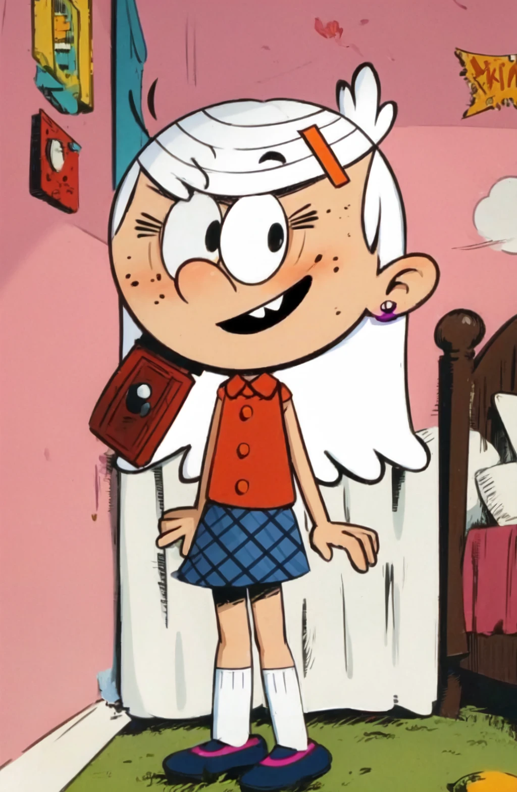 <lora:Linka Loud SD15_V1:1> linka loud, white hair, long hair, freckles, sleeveles, plaid skirt, socks, buck teeth, smile, shirt