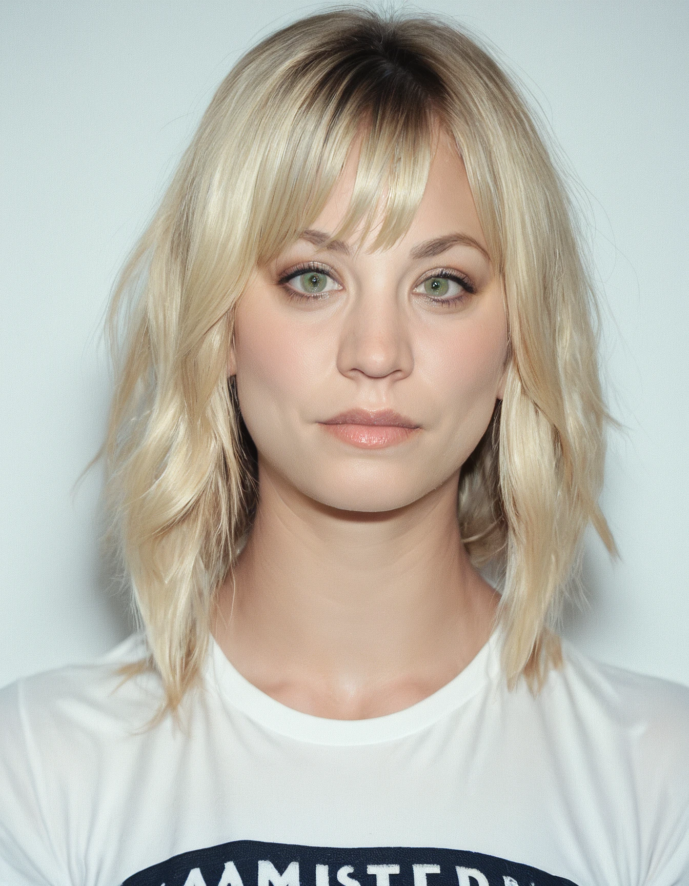 score_9, score_8_up, score_7_up, ohwx, 1girl, slim, realistic, upper body, blonde bangs, (green:0.4) eyes, <lora:CrunchyBanana_PONY_dora_kaley_cuoco:1>, white background, t-shirt, rating_safe