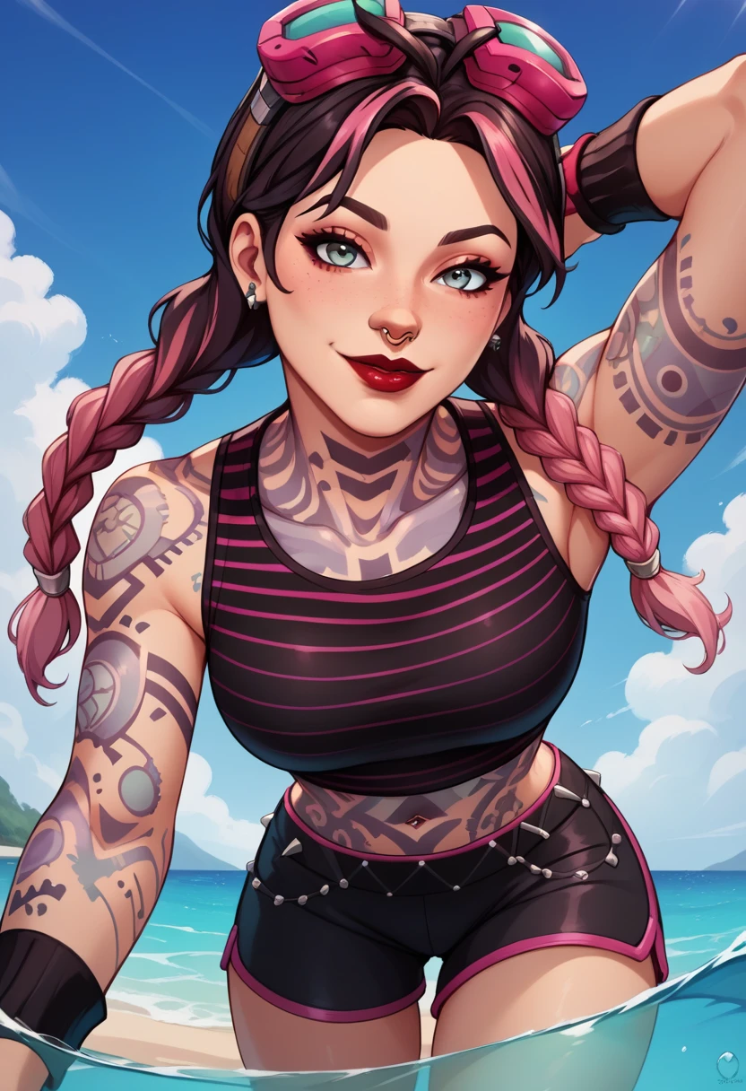 score_9, score_8_up, score_7_up, score_6_up, source_anime, BREAK masterpiece,  <lora:jULESFN:0.9>,  JulesBeach, twin braids, two-tone hair,  pink googles on head, full-body tattoo, striped crop top, gradient shorts, glossy red lips, nose ring, wristband,  beach, sea, partially submerged, breasts, from below, seductive smile, leaning forward,  close-up,