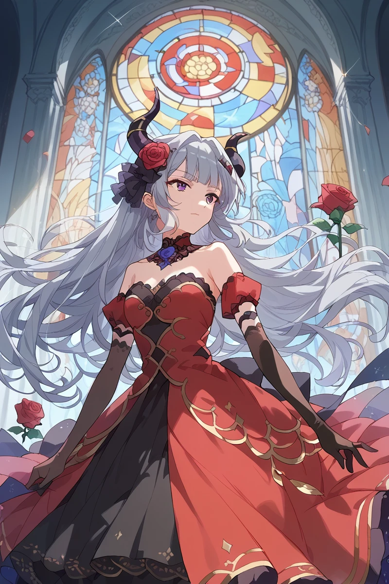 score_9, score_8_up, score_7_up, score_6_up, 1girl,
 <lora:Akira_Yukishiro:0.9> akira, grey hair, dress, solo, long hair, gloves, flower, horns, elbow gloves, black gloves, purple eyes, red dress, rose, strapless dress, hair ornament, floating hair, stained glass,