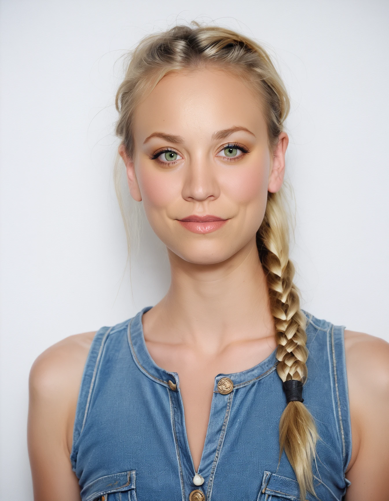 score_9, score_8_up, score_7_up, ohwx, 1girl, slim, realistic, portrait, blonde braided ponytail, (green:0.4) eyes, <lora:CrunchyBanana_PONY_dora_kaley_cuoco:1>, white background, denim dress, rating_safe
