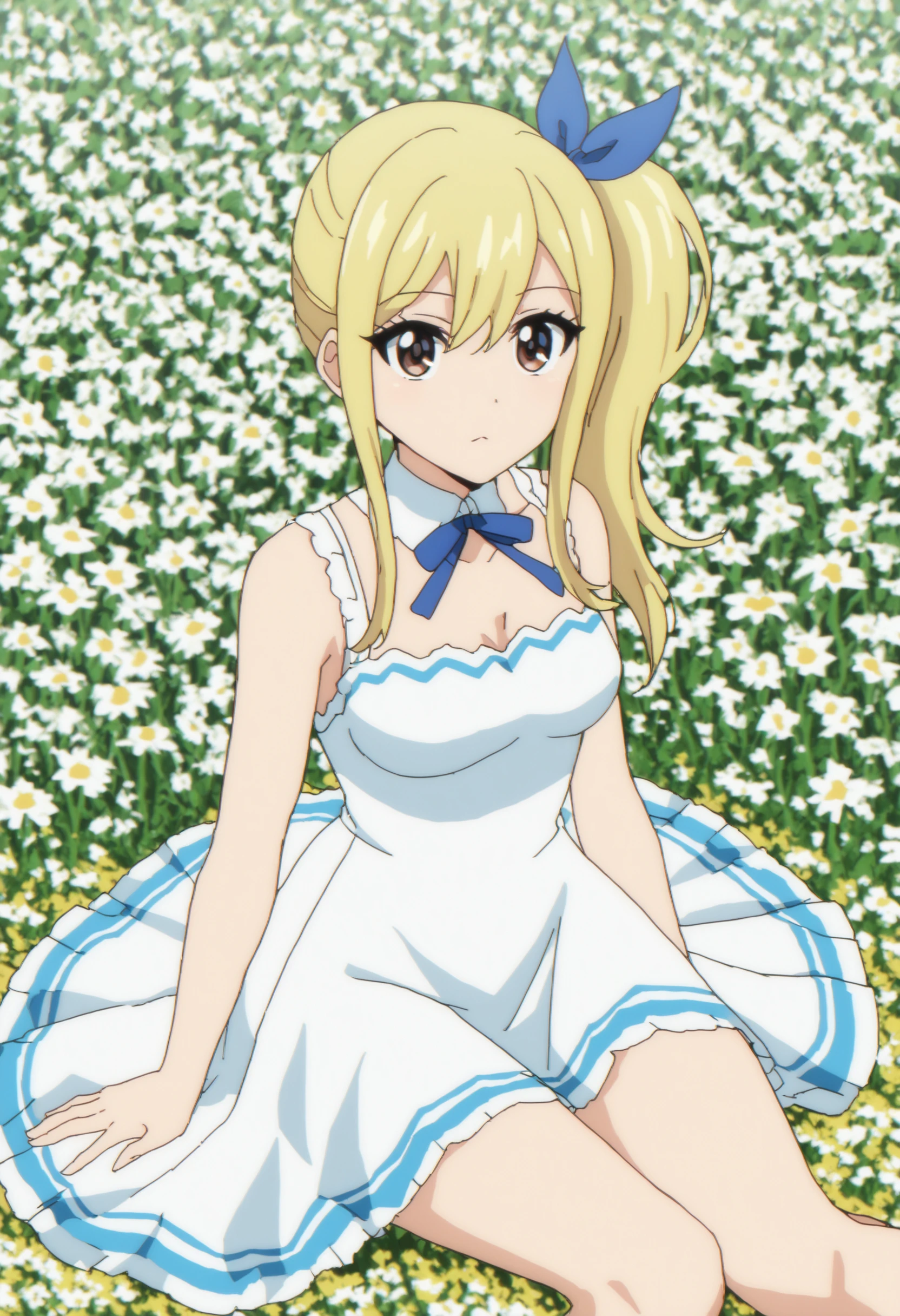 <lora:Lucy Heartfilia - [Fairy Tail - 100 Years Quest] - SDXL Version 1:1>,  sysdeep_lucy100, solo, breasts, ribbon, closed_mouth, medium_breasts, hair_ribbon, sidelocks, side_ponytail, blue_ribbon, summer_dress, white_dress, sitting_on_ground, flower_field, day, sun_lens