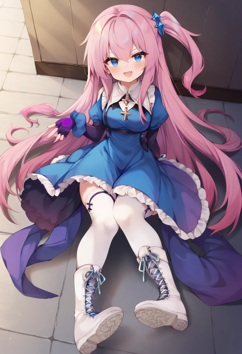 score_9, score_7_up, 1girl,
arm behind back, sidelocks, hair between eyes, boots, long hair, red hair, looking at viewer, cross-laced footwear, dress, blue eyes, long sleeves, white footwear, v-shaped eyebrows, fang, open mouth, hand up, gloves, full body, puffy sleeves, shoe soles, thighhighs, very long hair, sleeveless dress, lace-up boots, blush, blue dress, solo, hair ornament, sleeveless, one side up, pink hair, puffy long sleeves, multicolored hair, :d, purple gloves, gradient hair, fingerless gloves, smile
<lora:hecha_(01964237)-Style-PonyXL-DoRA-000044:1>