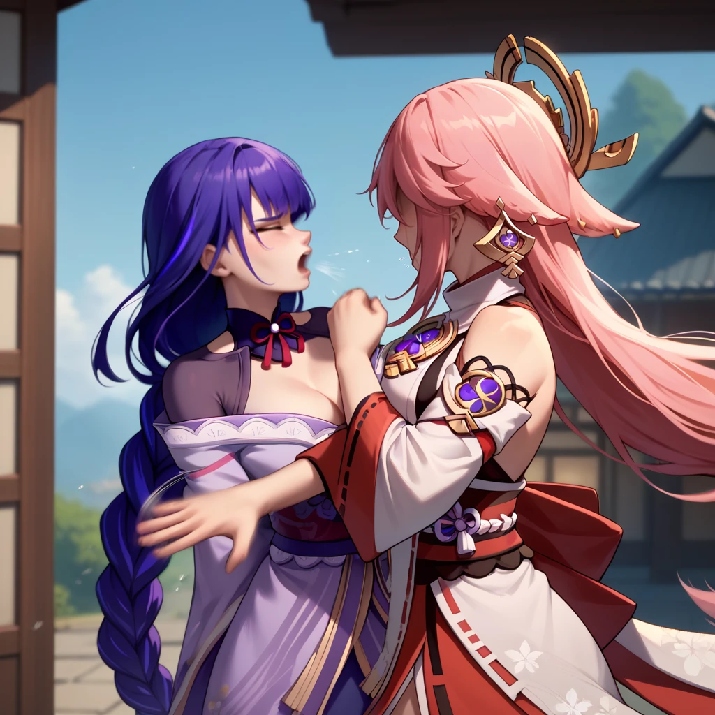 score_9, score_8_up, score_7_up, slapping, 2girls, <lora:WillSmithSlappingMeme_pdxl_Incrs_v1:1>, yae miko, raiden shogun, motion lines, motion blur,