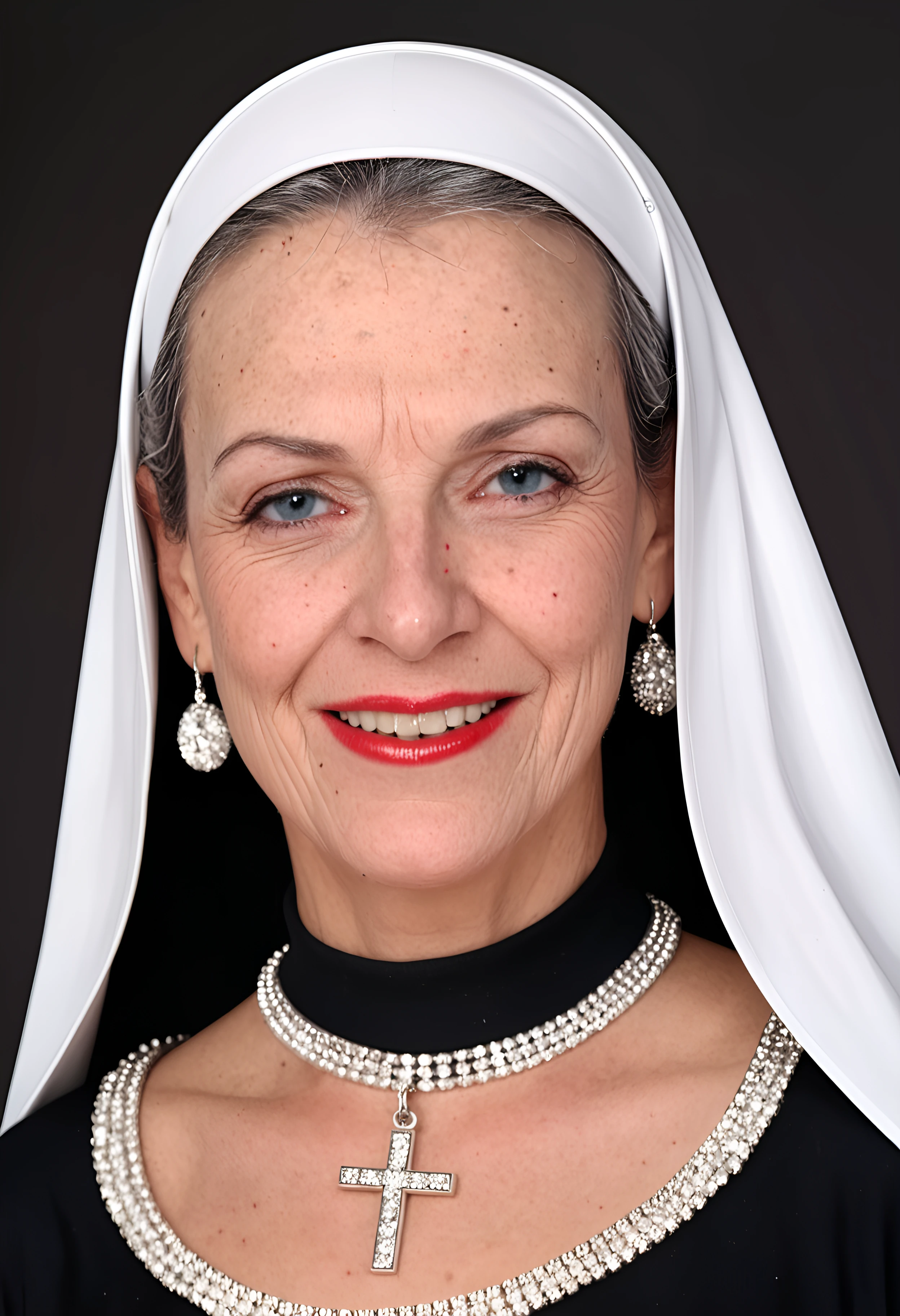 score_9, score_8_up, score_7_up, ~*~Photographic~*~, (breathtaking photography of beautiful gillellisyoung mature woman wearing a precious nun costume, beautiful detailed erotic face, suggestive smile, looking at viewer, lipstick, earrings, necklace, freckles, mole, (masterpiece of art, professional studio quality:1.2), (dark background:1.2), highest quality, 32k, intricate details, realistic, , , ,