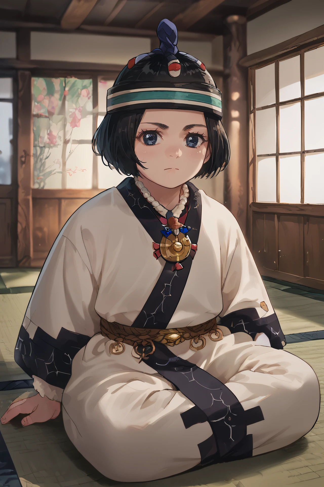 score_9, score_8_up, source_anime,
enonoka, blue eyes, short hair, black hair,
ainu hat, ainu clothes, jewelry, necklace, wide sleeves,
indoors, sitting, tatami, wariza,
<lora:Smooth Style 2 SDXL_LoRA_Pony Diffusion V6 XL:0.8> <lora:enonoka:.9>