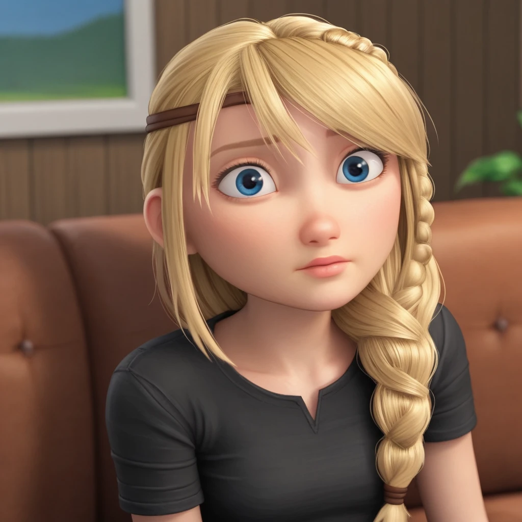 score_9_up, BREAK, ASTRIDHOFFERSON, 1girl, solo, blonde hair, braid, Long hair, blue eyes, black shirt, jeans, indoors, depth of field,  <lora:AstridHofferson_HTTYD2_PXL_Leaf1:0.8>, on couch,