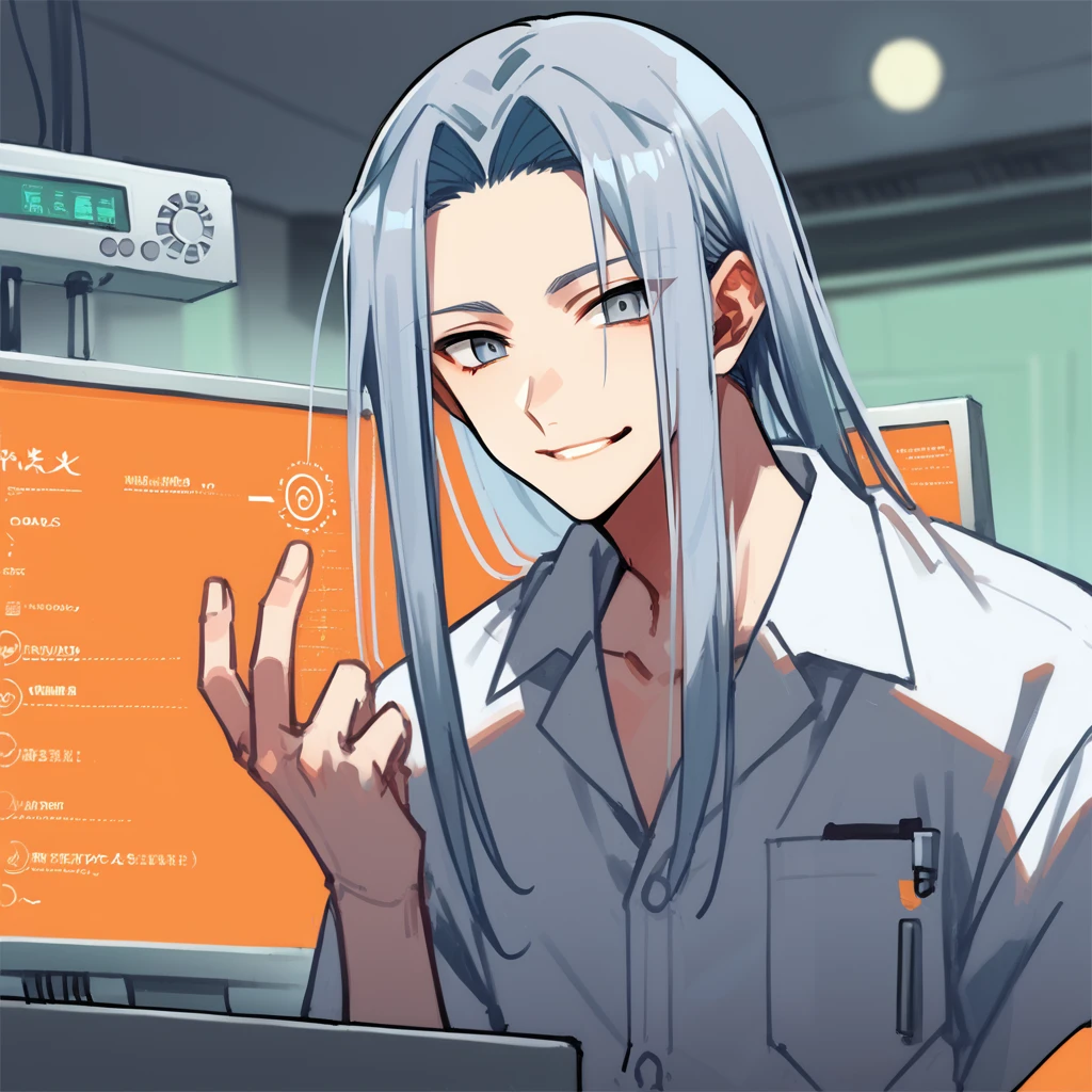 shin natsume, tenjo tenge, ah1, 1boy, long hair, gray hair, parted bangs, score_9, score_8_up, score_7_up, score_6_up, source_anime, white shirt,<lora:Shin_Natsume_from_Tenjo_Tenge:0.8>, (Posing with an ominous, handgun), (Moon Base, Laboratory, research equipment, sample storage, microscopes, workstations, lunar soil and rock samples, computers for data analysis), grey eyes, smiling,