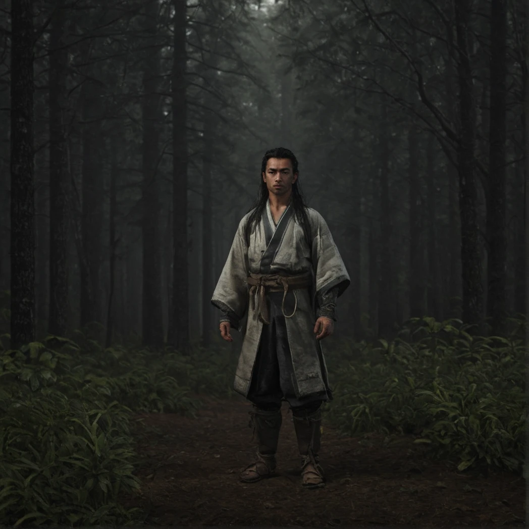 Edo, Shogun, Japanese Edo period, (Japanese Male, Japanese Clothing), Front-facing, Front, moody forest, long hair, (UHD, 8K, ultra detailed, looking at the camera, highly detailed, best quality, best aesthetic, high detail, amazing detail, masterful, work of a master, highly detailed background, shallow depth of field, photorealistic, RAW image, 
8k high resolution, ray tracing, realistic, mid day, volumetric lighting), badneg-xl, medium shot, mid shot, 