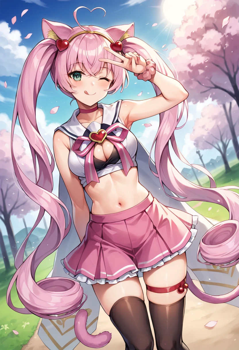 (best quality, masterpiece:1.2), ultra detailed, extremely detailed eyes and face, natural skin texture, detailed skin, natural lighting,
 1 girl, -yeld, ey tee
 twintails, pink hair, shiny hair,
 pink eye,
 small breasts, 
 cheerleader, topless, white sports bra, midriff, red miniskirt, red pleated skirt, (skirt rift, white panties:1.2), 
 BREAK (embarrassed, aroused, blush:1.2), standing,
 white background, from below,