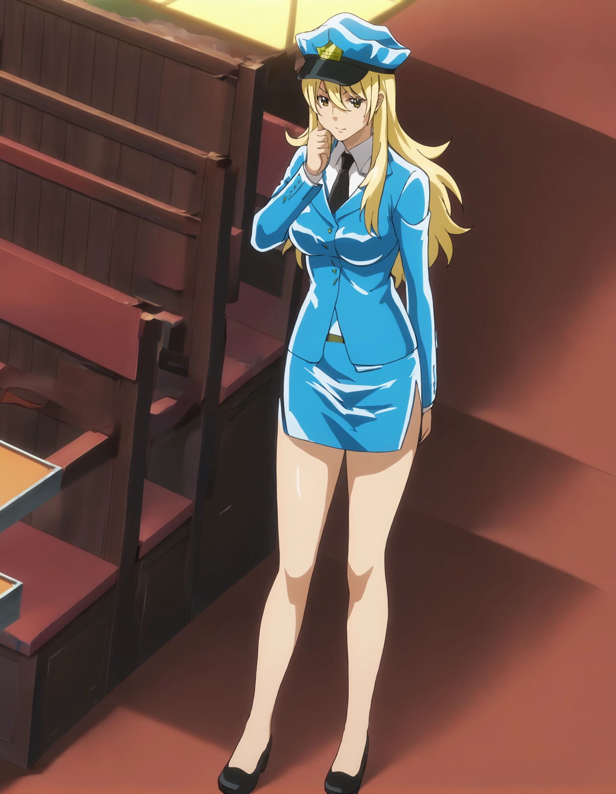 score_9, score_8_up, score_7_up, source_anime, nsfw, BREAK
<lora:Goriko_Genderbent_Isao_Kondou_from_Gintama:1>1girl, Goriko, blonde Hair, long hair, brown eyes, large breasts, hair between eyes, cool pose, (full body shot), police uniform, black necktie, jacket, blue headwear, police hat, blue skirt, pencil skirt, side slit,