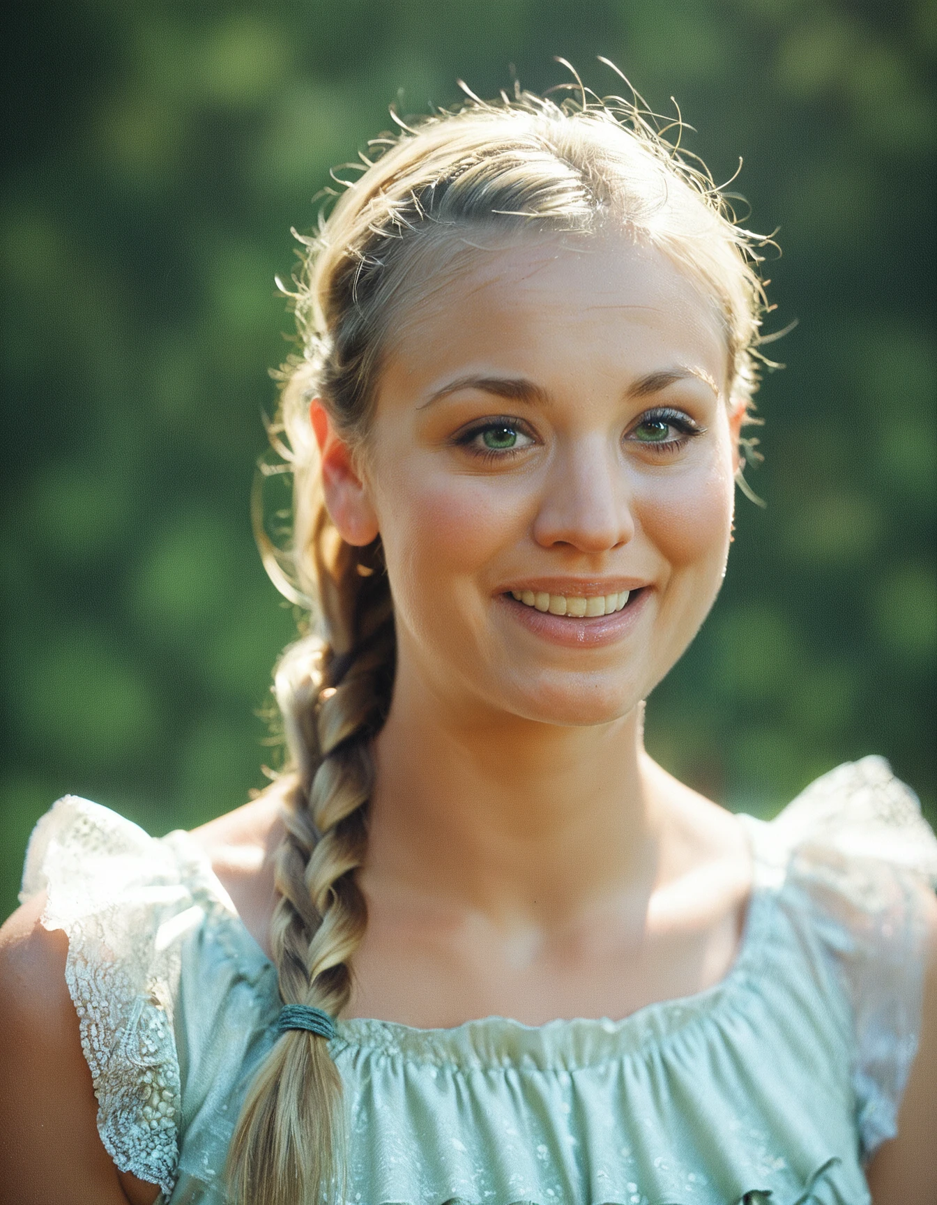 score_9, score_8_up, score_7_up, ohwx, 1girl, slim, realistic, portrait, happy, blonde braided ponytail, (green:0.2) eyes, <lora:CrunchyBanana_PONY_dora_kaley_cuoco:1>, simple background, frilled dress, rating_safe