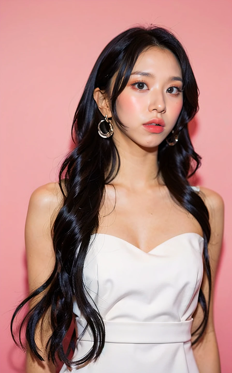 <lora:Chaeyoung_V2:1> Ch@ey0ung,, , (realistic), (hyperrealism), (photorealistic:1.4), 1girl, black hair, dress, hair ornament, lips, looking at viewer, makeup, pink background, realistic, ribbon, sleeveless, solo, standing, white dress