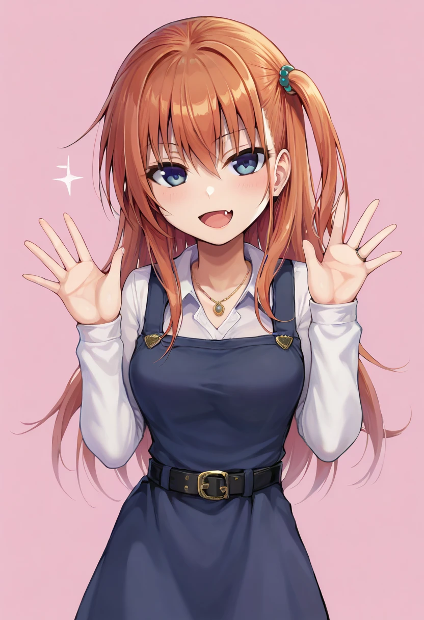 score_9, score_7_up, 1girl,
sweater, red sweater, looking at viewer, sleeveless dress, necklace, open mouth, sleeveless, smile, solo, hands up, two-tone background, belt, long sleeves, blush, dress, shirt, :d, red hair, fang, cowboy shot, one side up, pinafore dress, jewelry, standing, hair ornament, hair between eyes, long hair, breasts, orange hair, pink background, white shirt, purple dress, gem, w arms
<lora:40010prototype-Style-PonyXL-DoRA-000041:1>