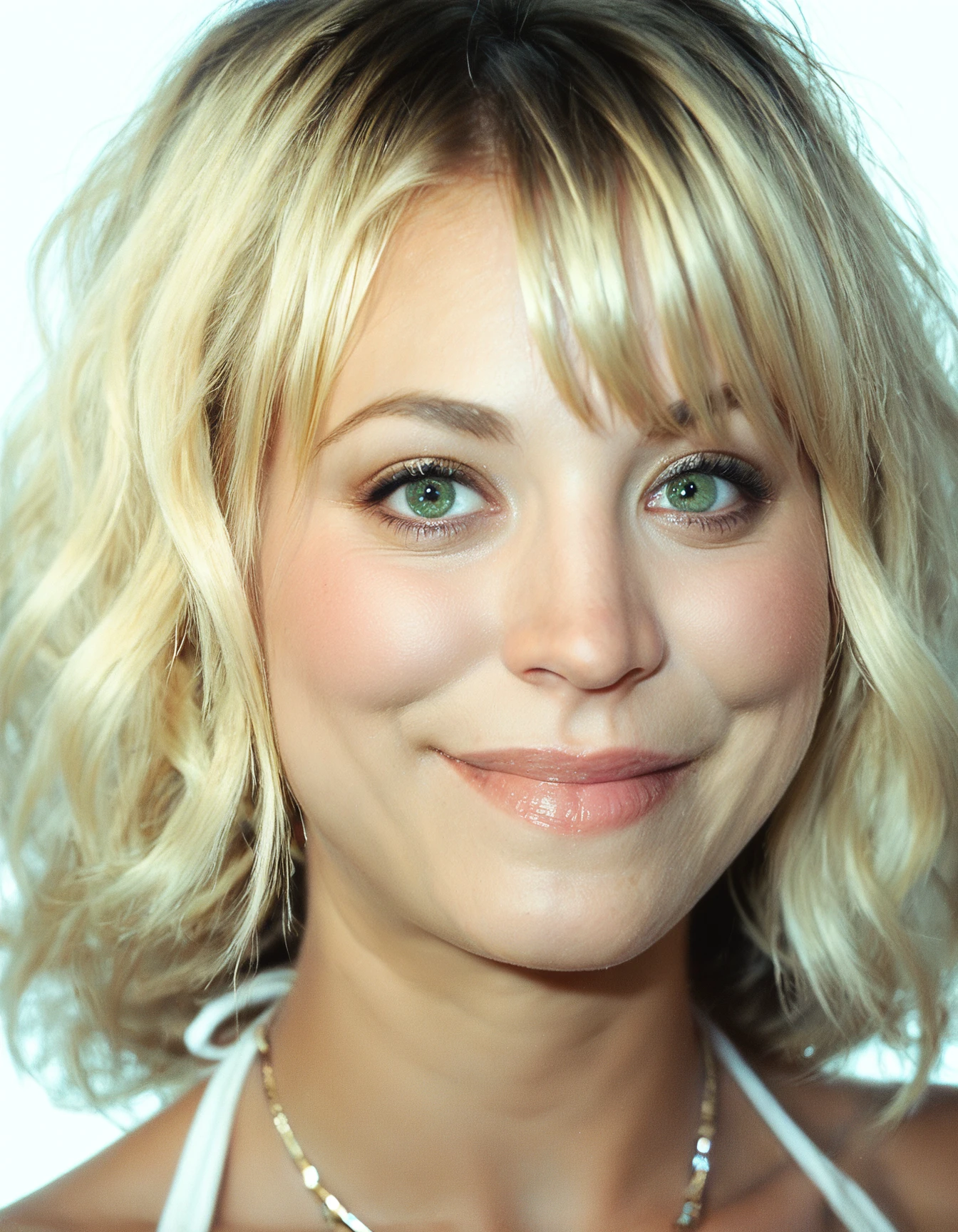 score_9, score_8_up, score_7_up, ohwx, 1girl, realistic, upper body, light-smile, blonde bangs, green eyes, <lora:CrunchyBanana_PONY_kaley_cuoco_v2:1>, white background, halterneck, rating_safe