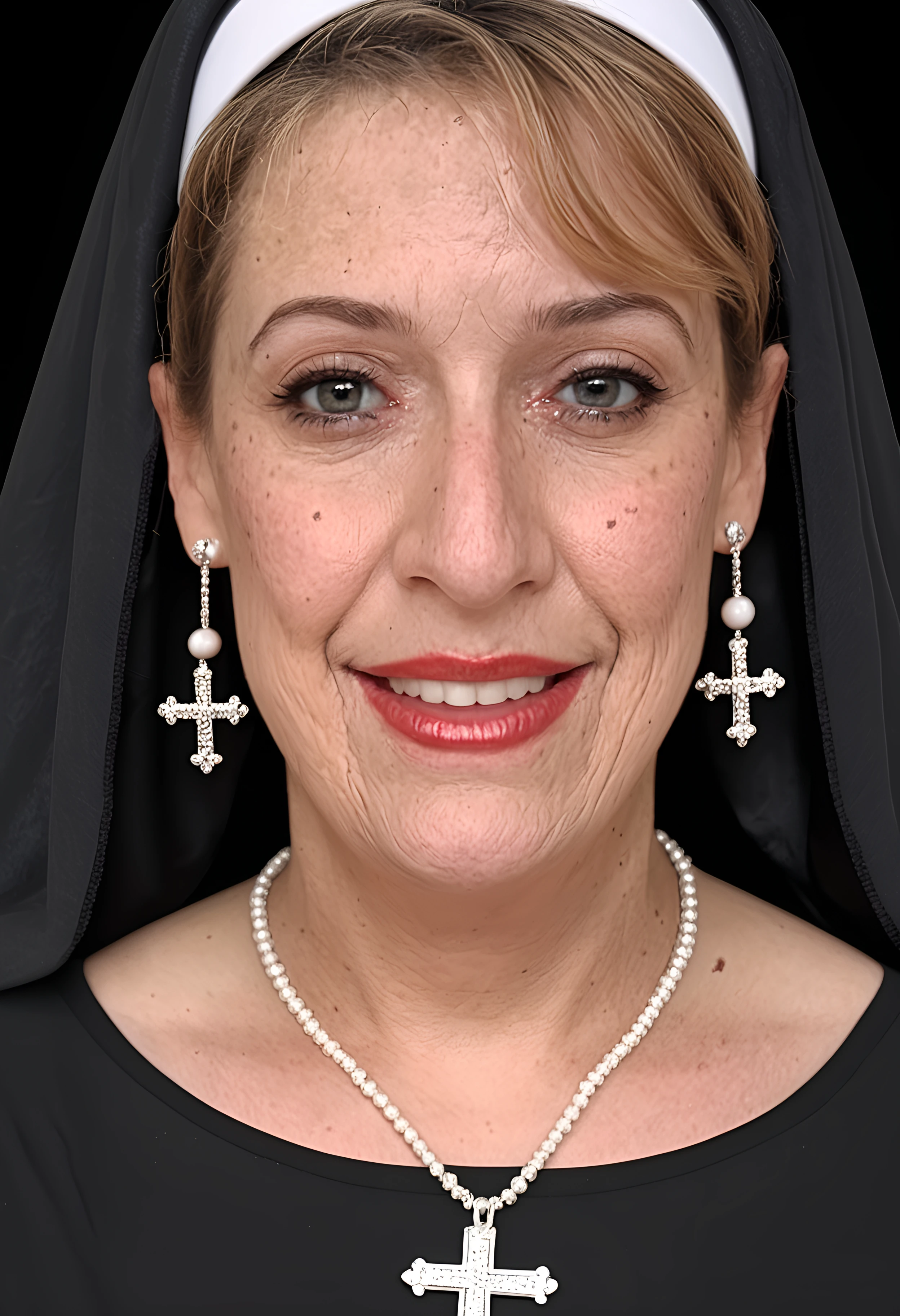 score_9, score_8_up, score_7_up, ~*~Photographic~*~, (breathtaking photography of beautiful gillellisyoung mature woman wearing a (precious nun costume):1.2), beautiful detailed face, smiling suggestively at viewer, lipstick, earrings, necklace, freckles, mole, mole on face, cross necklace, (masterpiece of art, professional studio quality:1.2), (dark background:1.2), highest quality, 32k, intricate details, realistic, , , ,