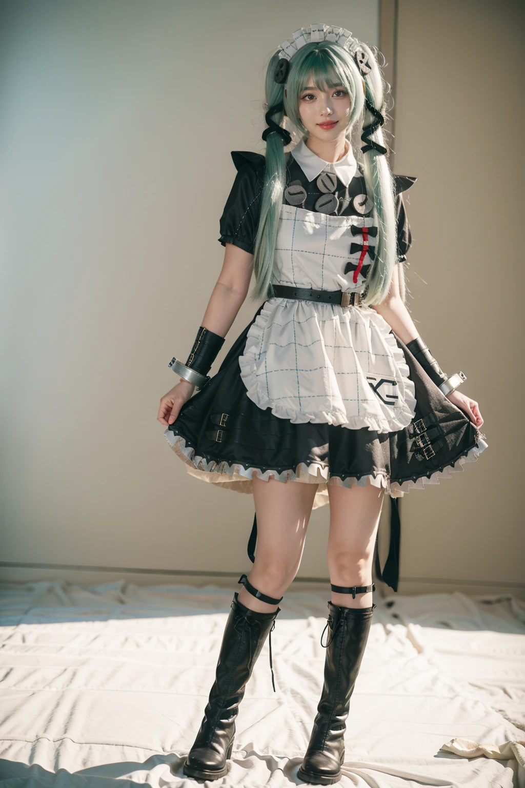 realistic,photorealistic,full body,1girl,solo,smile,looking at viewer,standing,corin cosplay costume,corin,cosplay,long hair,green hair,twintails,hair ornament,maid,dress,frilled dress,frills,apron,maid apron,maid headdress,puffy short sleeves,belt,chain,wrist cuffs,cuffs,handcuffs,ribbon,boots,knee boots,simple grey background,<lora:ZenlessZoneZero_Corin_cosplay_v1:0.7>,
