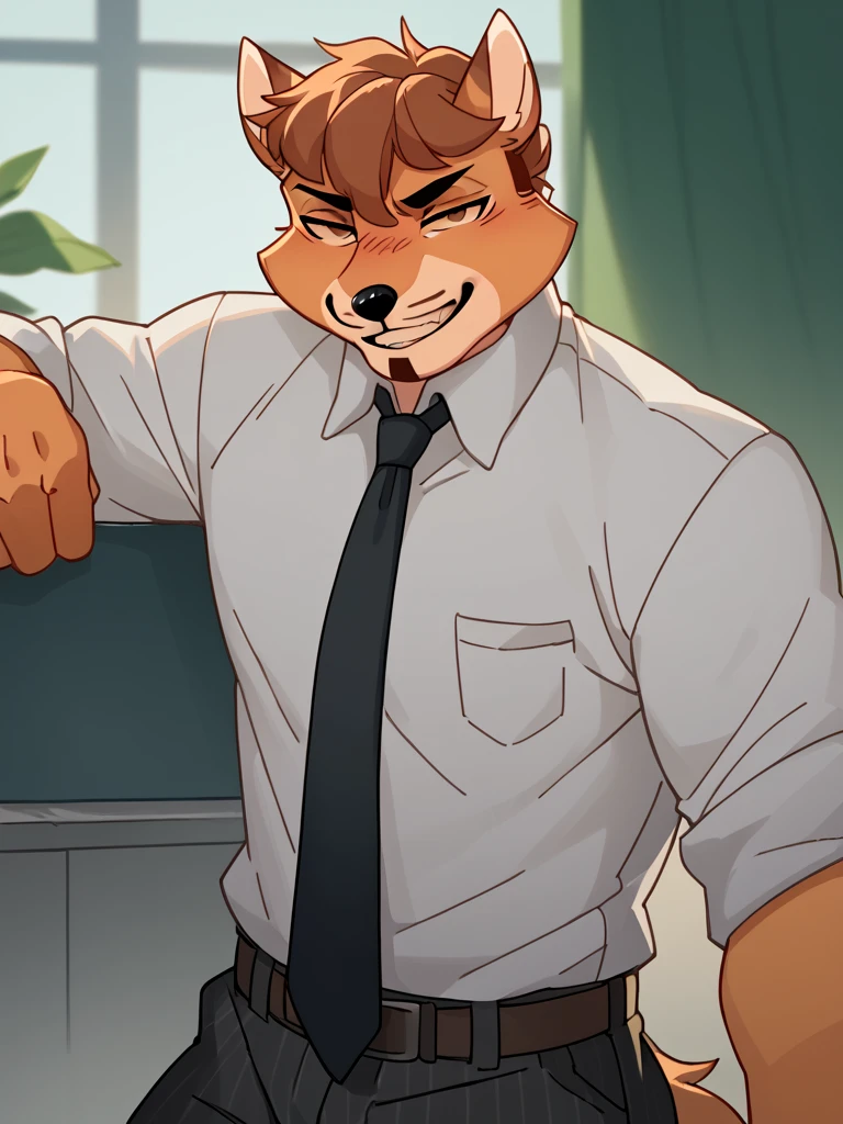 score_9, score_8_up, score_7_up, high quality, hires, male, solo, anthro, furry, smug, seductive, shirt, necktie, looking at viewer, <lora:RoyÐ Ð¾Ð¹:1>