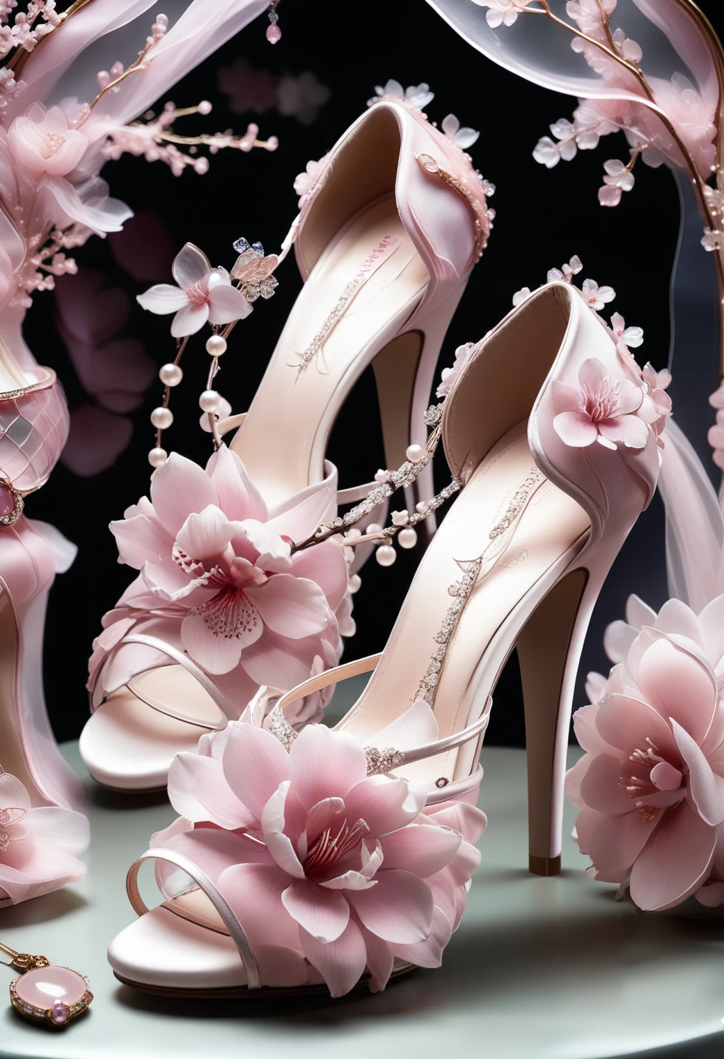 a pair of haute couture shoes surrounded with jewelry and cherry blossoms, in a display case made out of reij-rsrgnz <lora:RoseOrganza-000006:1>, surrounded by fairy dust