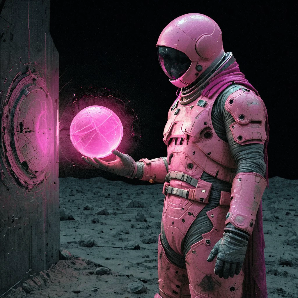 Engulfed by space, a cloaked astronaut stands in the gloom holding an orb glowing pink, digital art, space, cinematic lighting, vivid, professional 3d model analog film photo, faded film, desaturated, very grainy, photoshop bitmap mode effect, stained, highly detailed, found footage, octane render, dramatic pink lighting