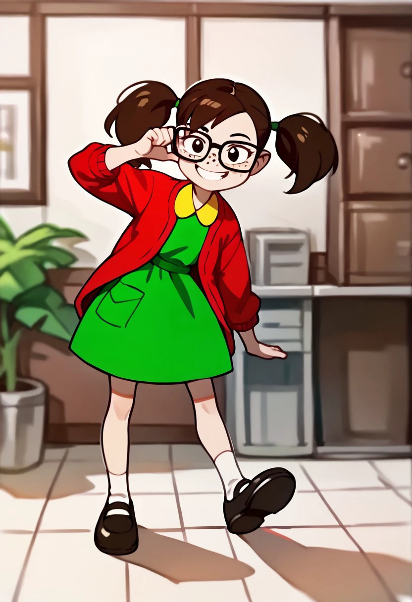 score_9, score_8_up, score_7_up BREAK Chilindrina, 1girl, dark brown hair, pigtails, black eyes, freckles, glasses, open red cardigan, yellow-collared green dress, yellow dress pocket, socks, black mary jane shoes, full body, smiling at viewer,