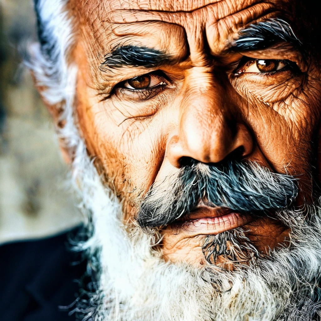 The image features an older man, a long white beard and mustache, He has a stern expression, giving the impression of a wise and experienced individual. The mans beard and mustache are prominent, adding to his distinguished appearance. The close-up shot of the mans face emphasizes his facial features and the intensity of his gaze.
