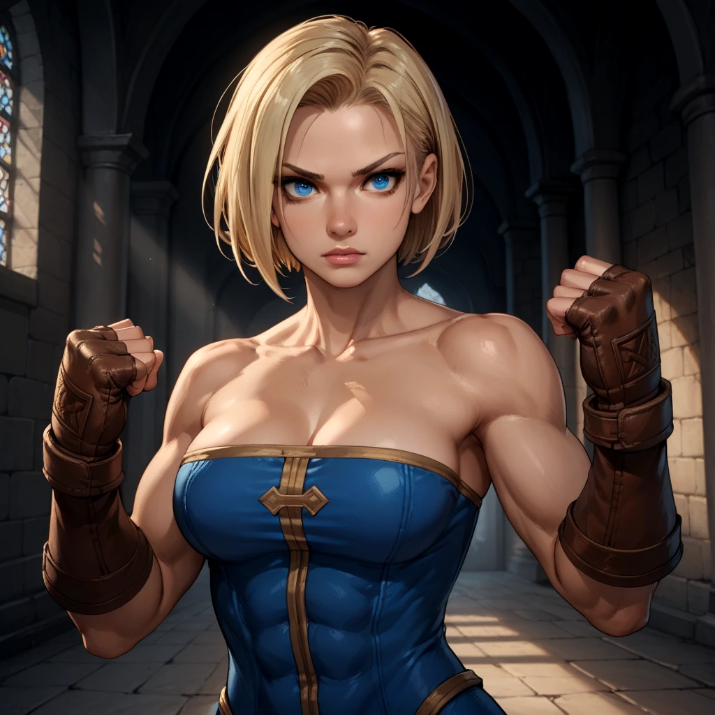 <lora:Final_Fantasy_Tactics_Monk:.5> 1girl, breasts, blonde hair, blue eyes, monk, short hair, bare shoulders, cleavage, gloves, fingerless brown gloves, collarbone, castle background, muscular,, score_9, score_8_up, score_7_up,, sexy pose, sexy, slutty, seductive, flirty, flirt,, fighting, fighter,