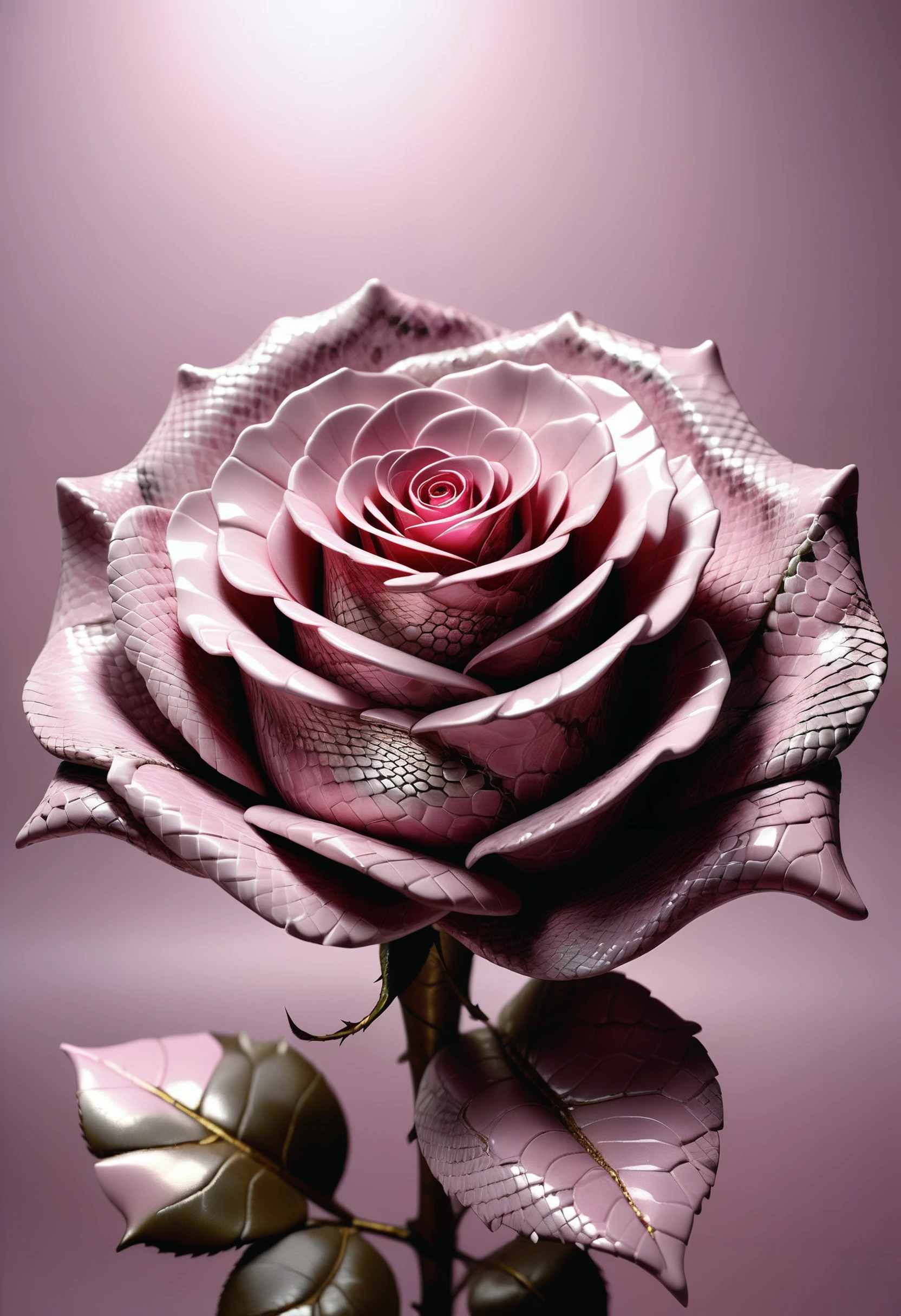 a Rose made out of pink Jed-snkskn , <lora:SnakeSkinStyle:0.5>, dimmed light