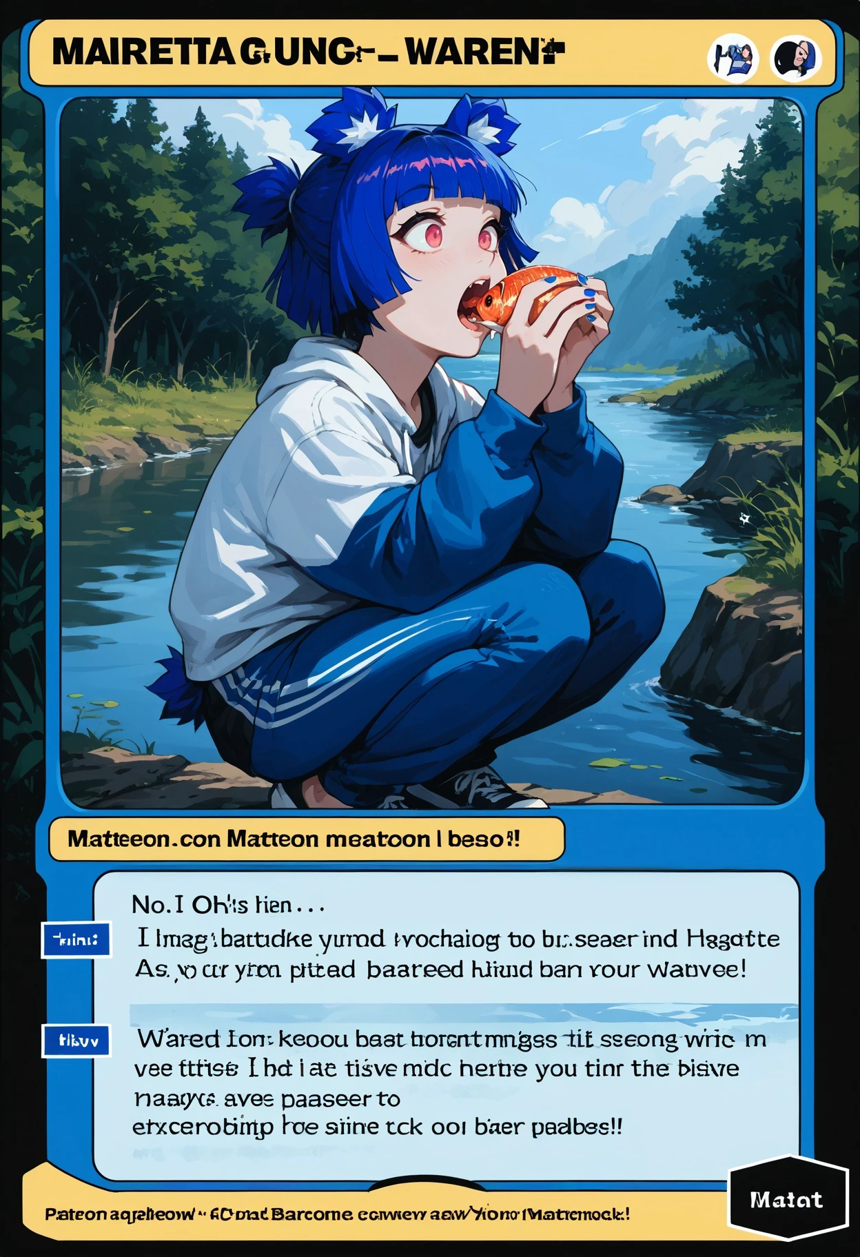 c4rd,english text,character name,
eating fish, river, from side, surprise, open mouth, squatting,
GrisVert, animal ears, bear tail, magenta eyes, blue hair, short hair, blue nails, fang
,score_9,score_8_up,score_7_up, source_anime,
<lora:MTG_card_v2:1> <lora:Gris-VertigrisPDXL_V1-Manityro-CAME:1>