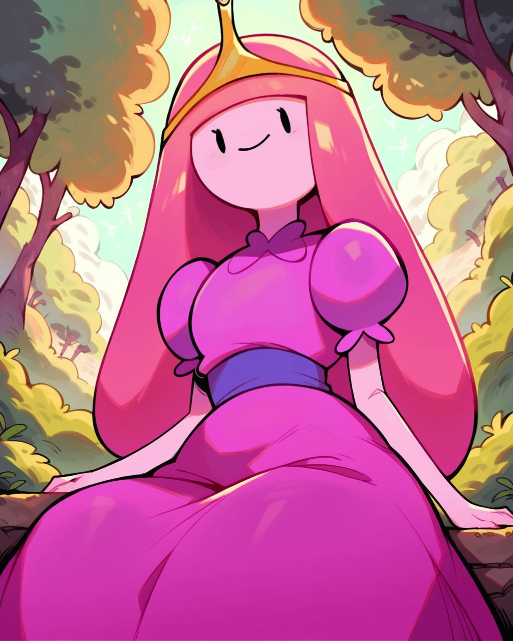 score_9, score_8, 1girl, solo, Bonnibel, pink hair, pink skin, long hair, straight hair, tiara, puffy short sleeves, long skirt, looking at viewer, happy, closed mouth, sitting, cowboy shot, detailed background, dynamic angle, outdoors, pink trees <lora:Bubblegum_PDXL:1>