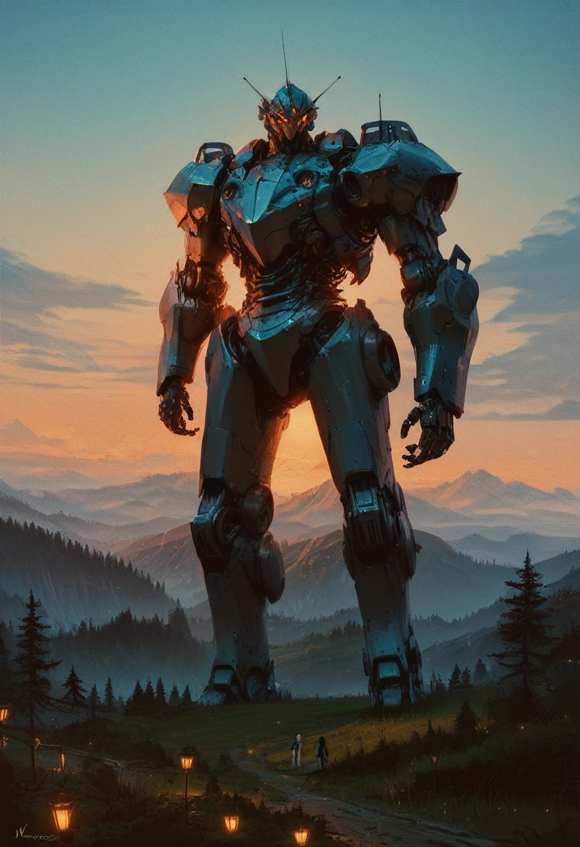 score_9, score_8_up, score_7_up,  <lora:MechaForge-000003:0.8> m3chaf0rge, mecha, bipedal mech, sunset, full body, legs, tree, landscape, scenery, people,