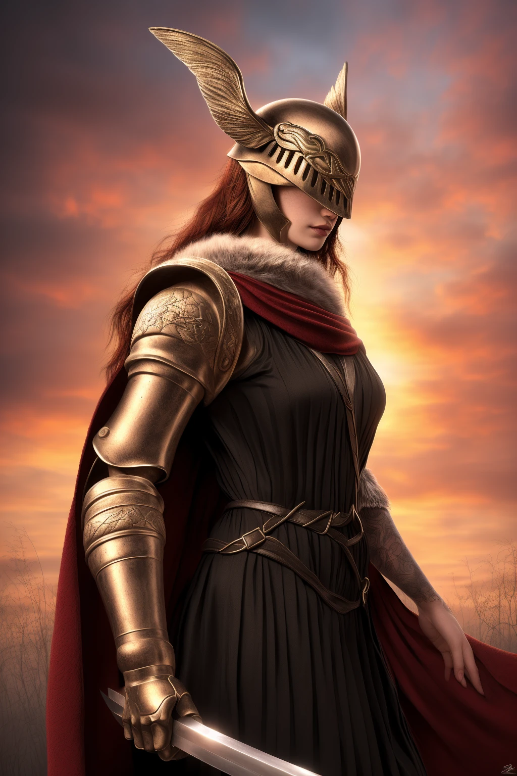 Best_QualityPos, RAW photo, intricate details, best quality, 8k uhd, soft lighting, 1girl, solo, malenia_phase_1, armor, helmet, long hair, cape, gauntlets, red hair, red cape, horns, feathers, sword, holding, holding sword, sunset <lora:mouth_slider_v1:-3> <lora:Malenia_Phase_1:0.6>