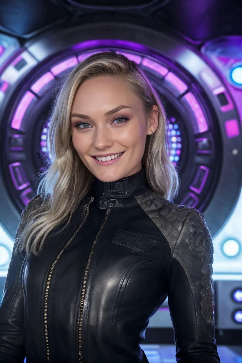 closeup headshot of S480_WinterBell,an attractive woman,in front of an (alien wall:1.1),wearing a (leather suit),(smiling),(4k, RAW photo, best quality, 50mm, depth of field, ultra high res:1.1),(intricate, photorealistic, cinematic-shot, masterpiece, ultra-detailed:1.1),