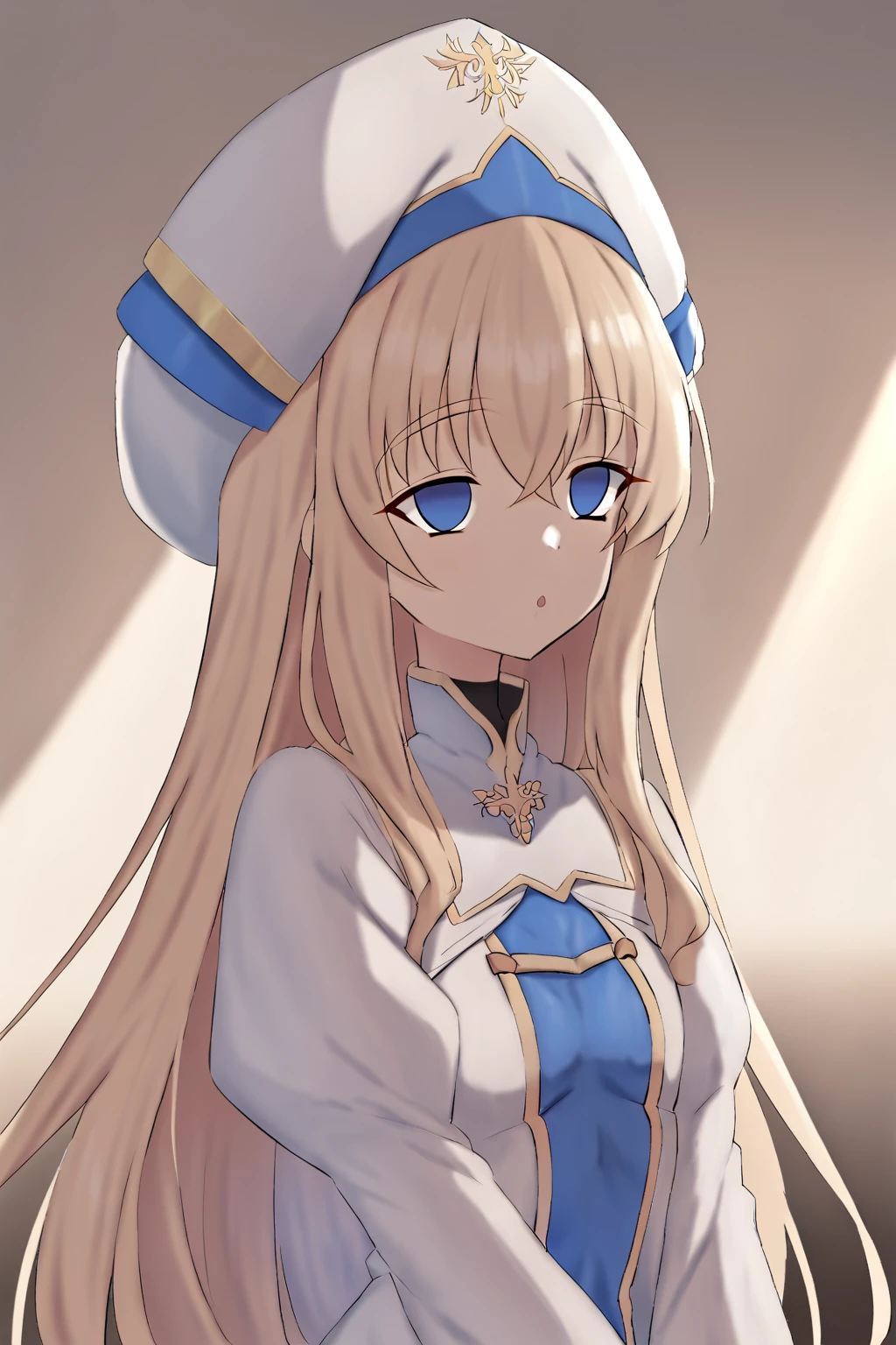 masterpiece, best quality, 1girl,  <lora:sdxl-gs-priestess:1>, sdxl-gs-priestess, hat, white headwear, frills, white long robe, center blue mluticolor ware, puffy sleeves, hime-sode, robe, empty eyes, expressionless,  <lora:xenon3134_mc_style:1>, open mouth, half-closed eyes,