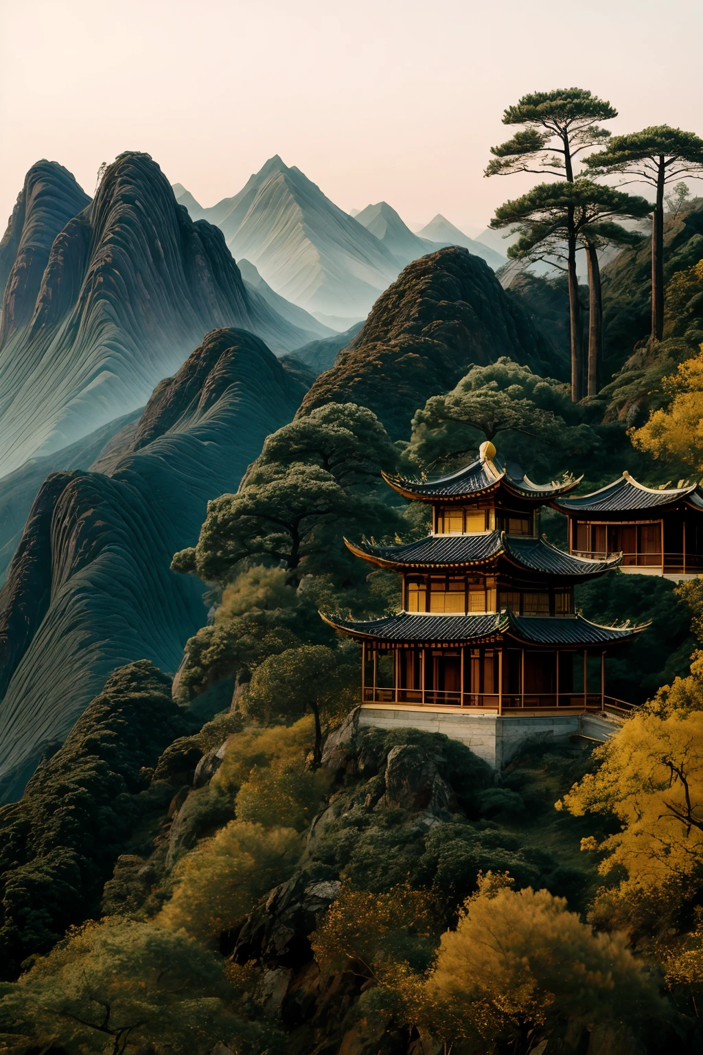 liujin,national style architecture,staggered peaks in front and behind,pavilions perched on the hillside,pine trees,panoramic views,scenery,no humans,tree,mountain,outdoors,gold stroke,<lora:ééå½é£:0.8>,